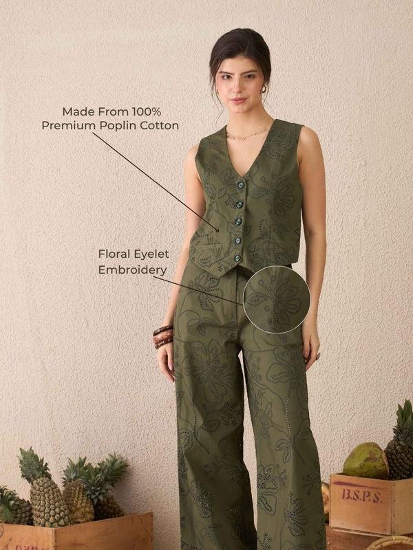 Delan Earthy Green Embroidered Waistcoat Co-ord Set