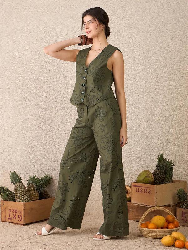 Delan Earthy Green Embroidered Waistcoat Co-ord Set
