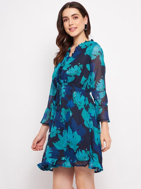 Delan Floral Printed Chiffon Ruffle Hem Short Dress - Celeste Bloom