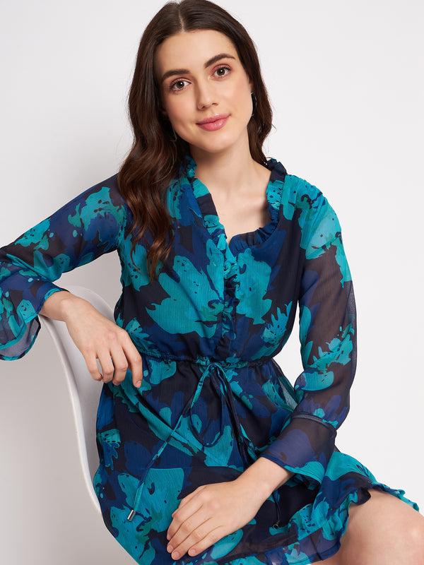 Delan Floral Printed Chiffon Ruffle Hem Short Dress - Celeste Bloom