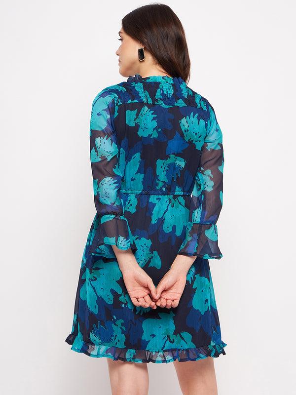 Delan Floral Printed Chiffon Ruffle Hem Short Dress - Celeste Bloom