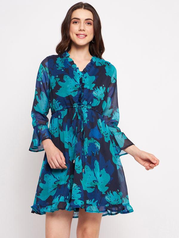 delan Floral Printed Chiffon Ruffle Hem Short Dress - Celeste Bloom