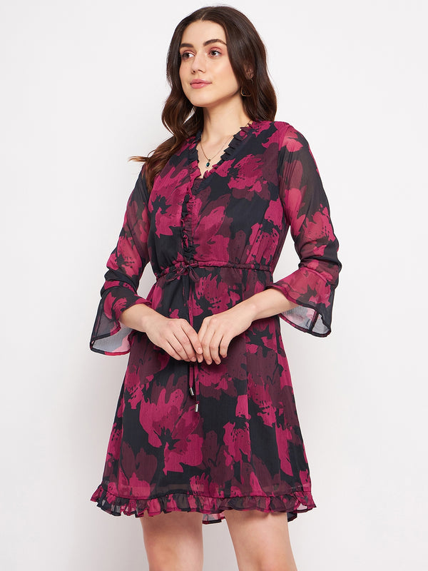 Delan Floral Printed Chiffon Ruffle Hem Short Dress - Crimson Bloom