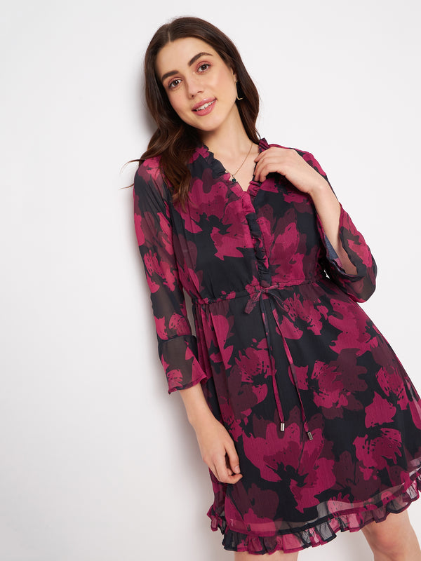 Delan Floral Printed Chiffon Ruffle Hem Short Dress - Crimson Bloom