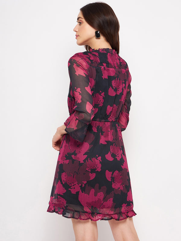 Delan Floral Printed Chiffon Ruffle Hem Short Dress - Crimson Bloom