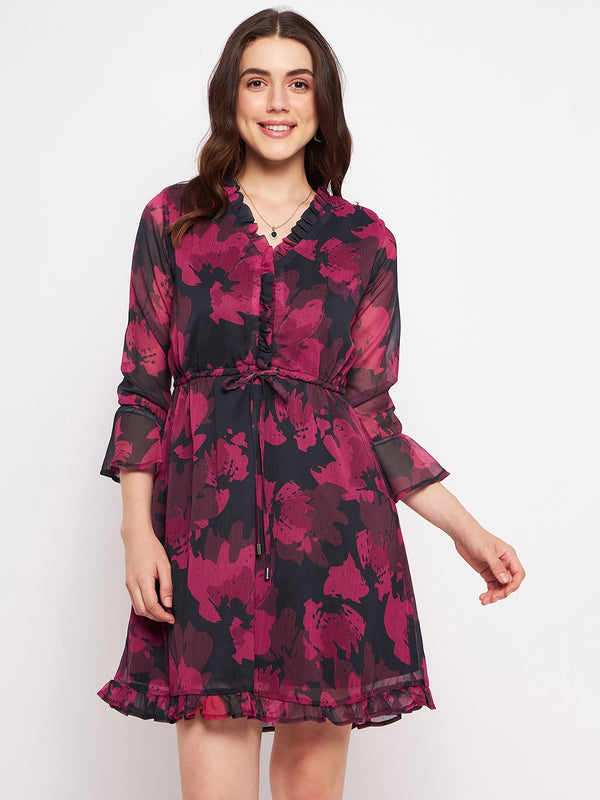 delan Floral Printed Chiffon Ruffle Hem Short Dress - Crimson Bloom