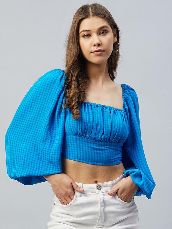 Delan Self Checked Polyster Fitted Puff Sleeves Crop Top