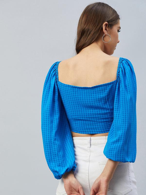 Delan Self Checked Polyster Fitted Puff Sleeves Crop Top