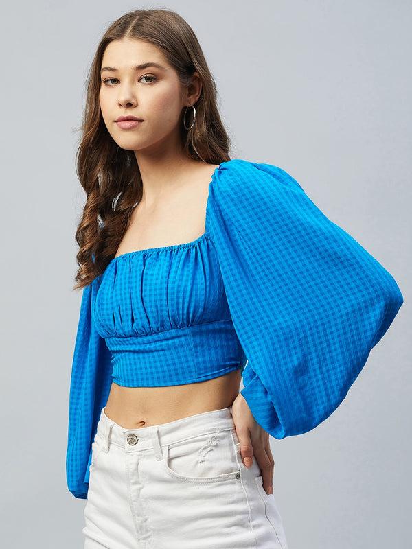 Delan Self Checked Polyster Fitted Puff Sleeves Crop Top