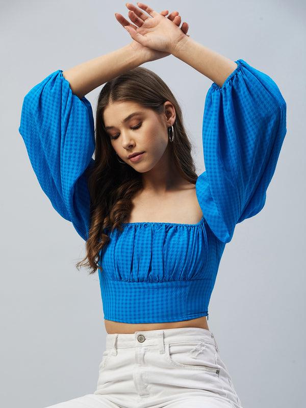 delan Self Checked Polyster Fitted Puff Sleeves Crop Top