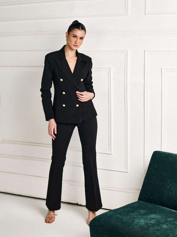 Delan Tailored Double Breasted 6 Golden Buttoned Black Blazer For Women