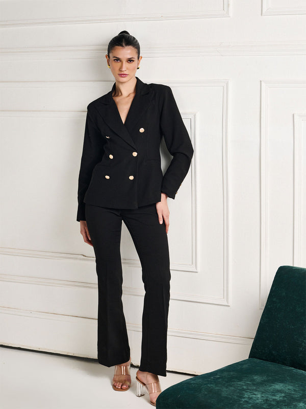 Delan Tailored Double Breasted 6 Golden Buttoned Black Blazer For Women
