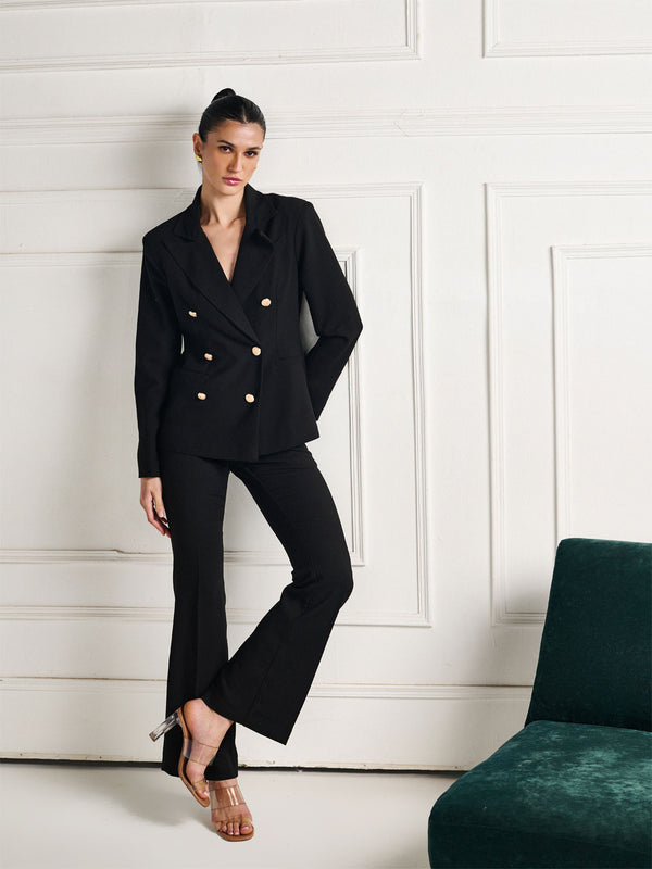 Delan Tailored Double Breasted 6 Golden Buttoned Black Blazer For Women