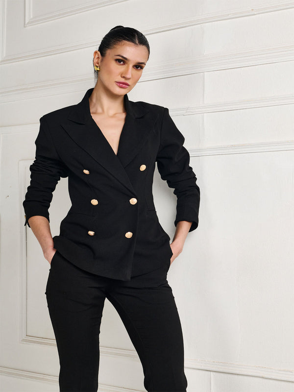 delan Tailored Double Breasted 6 Golden Buttoned Black Blazer for Women
