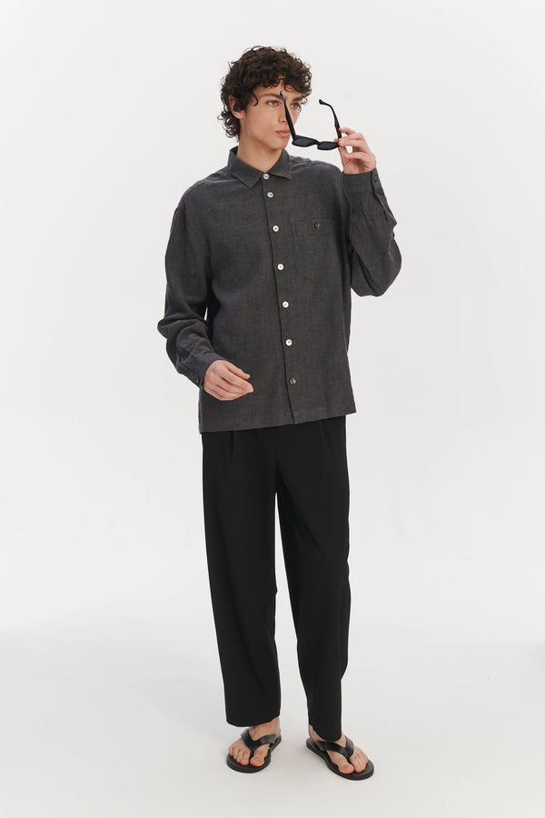 Delikatessen Architects Overshirt In A Charcoal Grey Mix Of Japanese Linen And Cotton