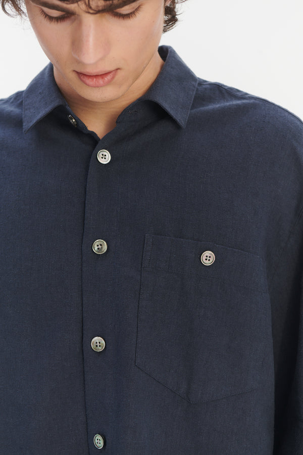 Delikatessen Architects Overshirt In A Navy Blue Mix Of Japanese Linen And Silk