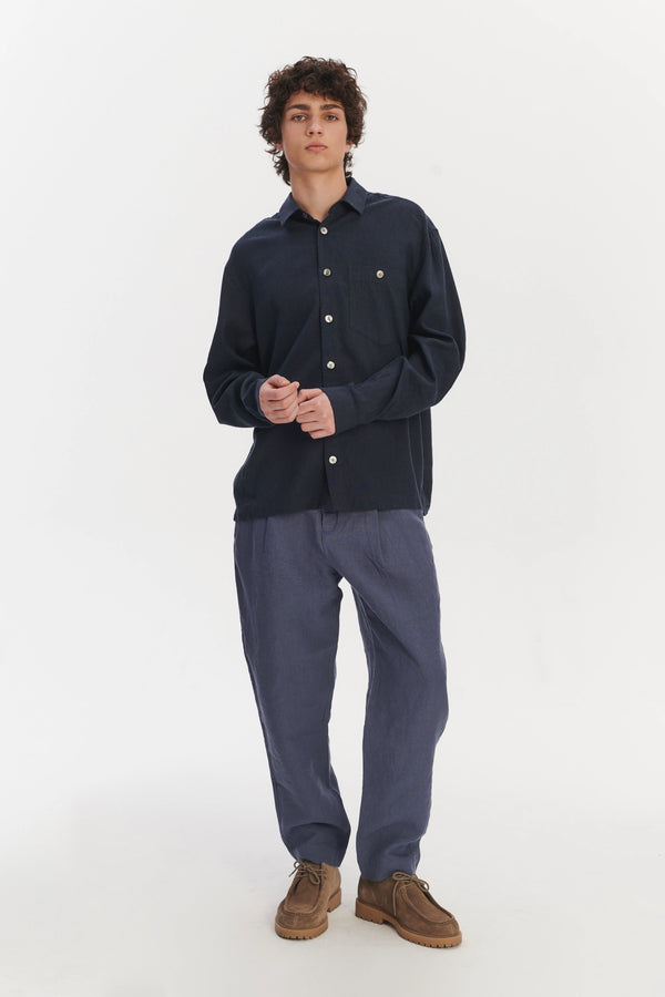 Delikatessen Architects Overshirt In A Navy Blue Mix Of Japanese Linen And Silk