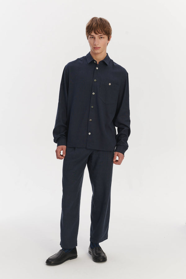 Delikatessen Architects Overshirt In A Navy Blue Mix Of Japanese Linen And Silk