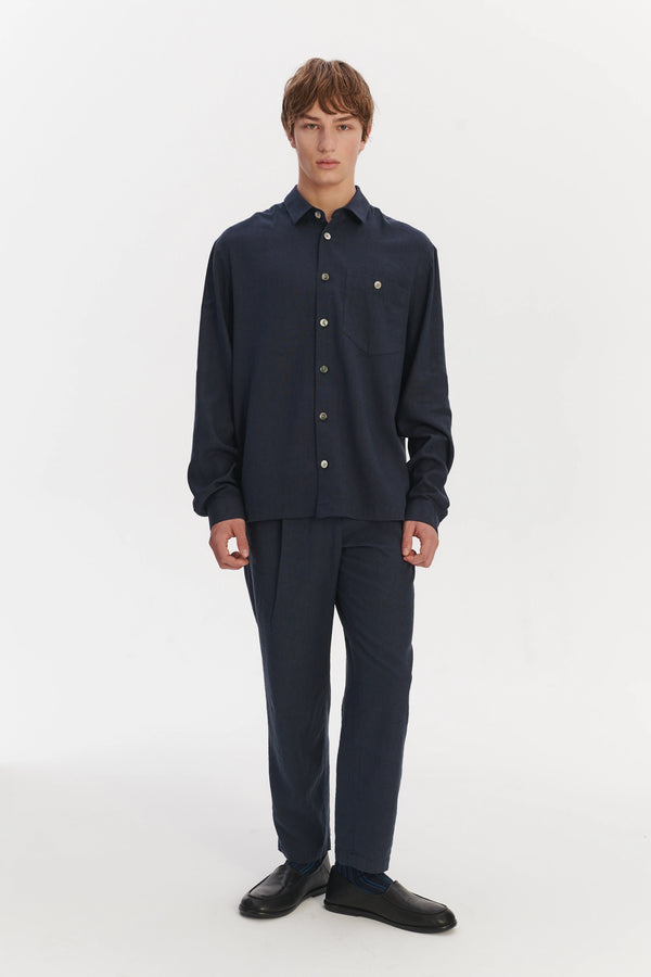 delikatessen Architects Overshirt in a Navy Blue Mix of Japanese Linen and Silk