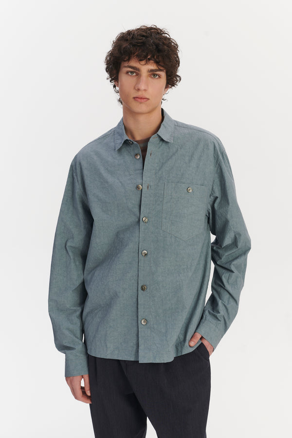 Delikatessen Architects Overshirt In A Pale Sky Blue Dry Japanese Cotton And Linen