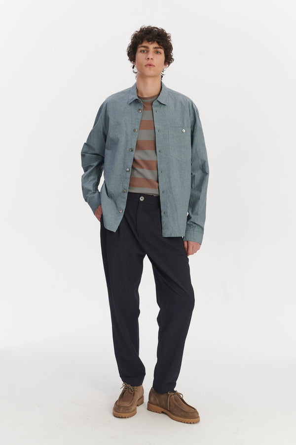 Delikatessen Architects Overshirt In A Pale Sky Blue Dry Japanese Cotton And Linen