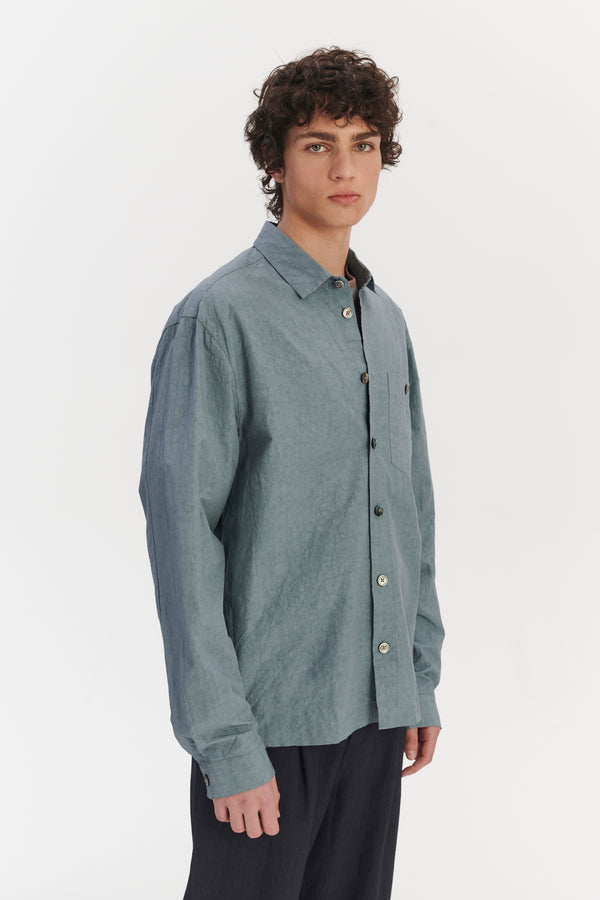 Delikatessen Architects Overshirt In A Pale Sky Blue Dry Japanese Cotton And Linen