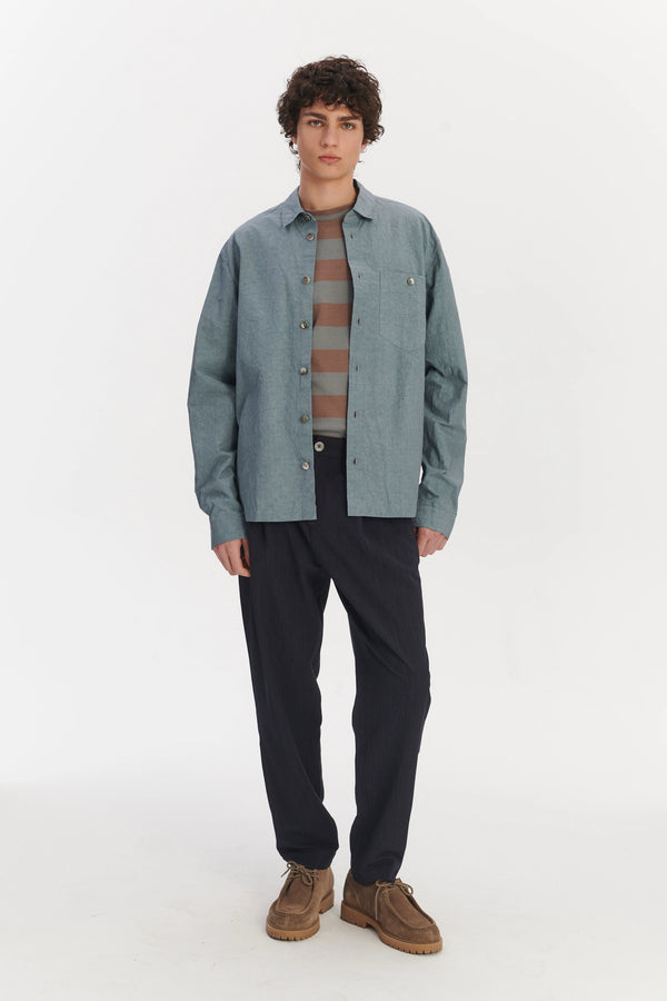 delikatessen Architects Overshirt in a Pale Sky Blue Dry Japanese Cotton and Linen