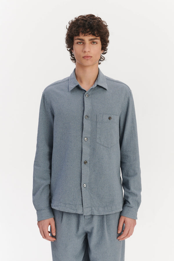 Delikatessen Architects Overshirt Shirt In A Pale Sky Blue Italian Recycled Cotton Denim