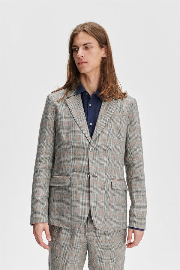 Delikatessen Blazer In A Grey And Vibrant Orange Prince Of Wales Italian Linen
