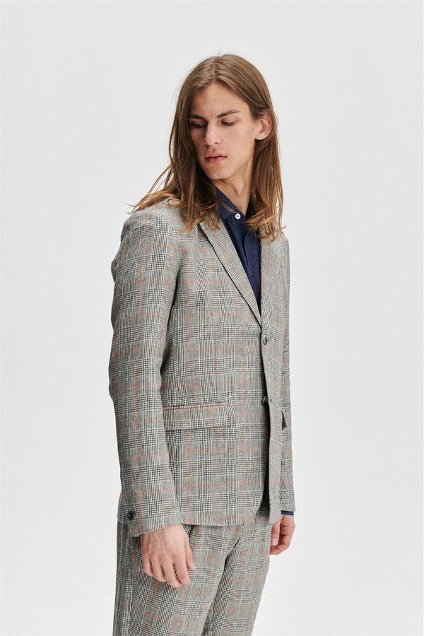 Delikatessen Blazer In A Grey And Vibrant Orange Prince Of Wales Italian Linen