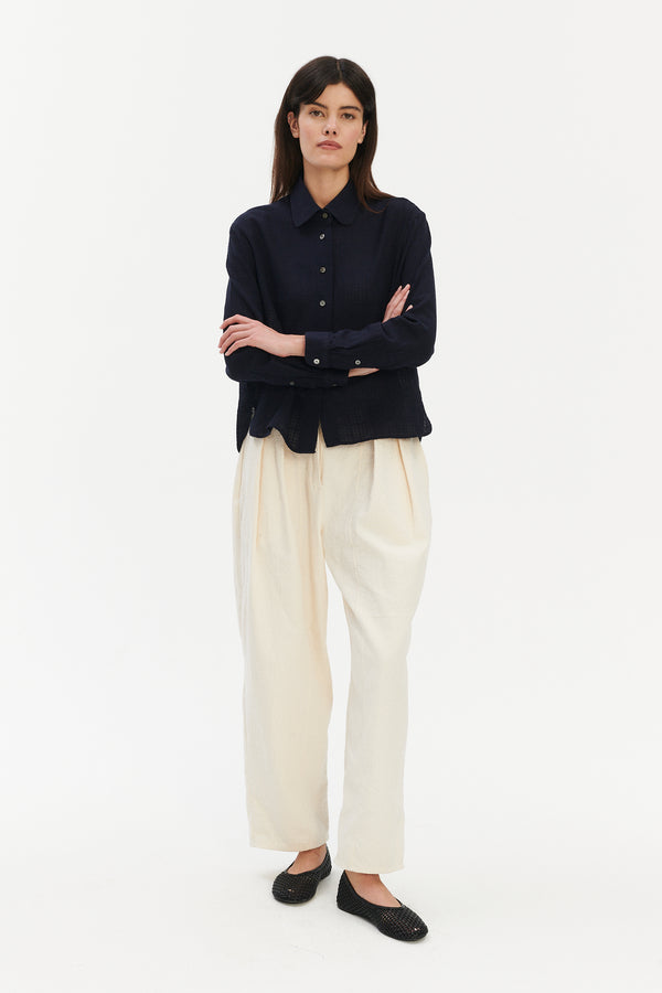 Delikatessen Blouse In A Dark Navy Airy Structural Portuguese Cotton