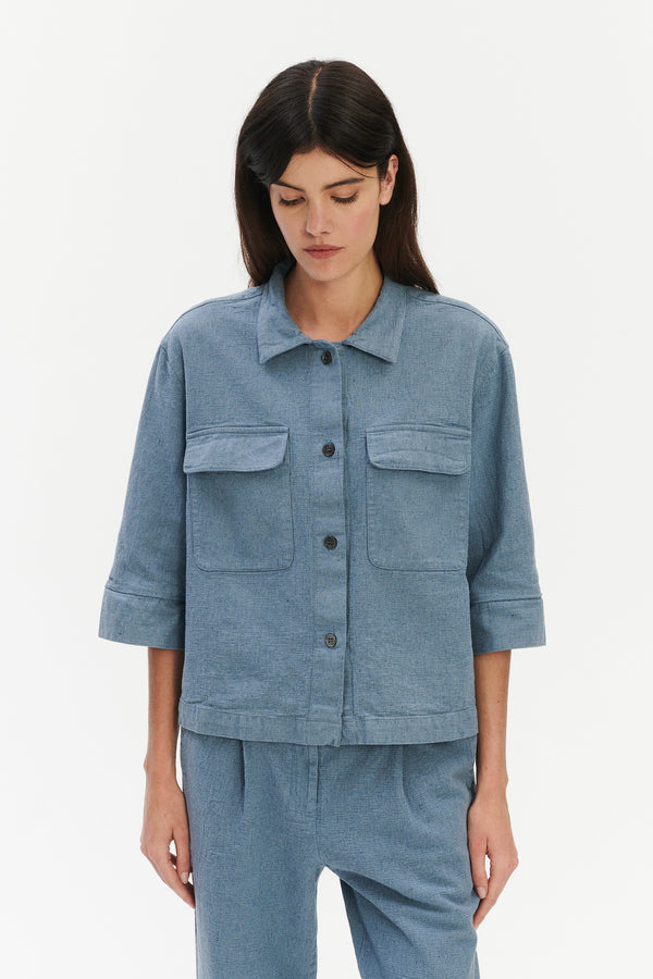 Delikatessen Blouse In A Pale Sky Blue Italian Recycled Cotton Denim