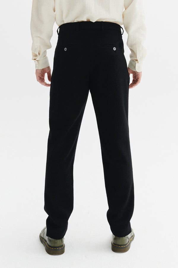 Delikatessen Bohemian Trousers In A Black Italian Virgin Wool And Cotton Seersucker