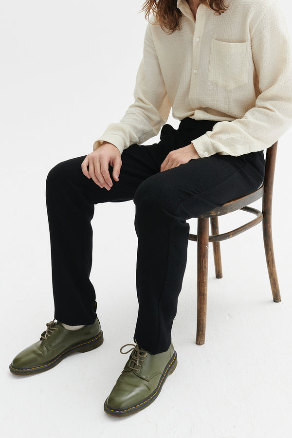 Delikatessen Bohemian Trousers In A Black Italian Virgin Wool And Cotton Seersucker