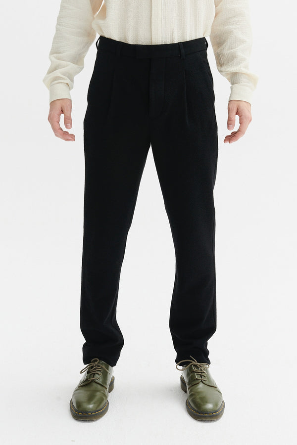 delikatessen Bohemian Trousers in a Black Italian Virgin Wool and Cotton Seersucker