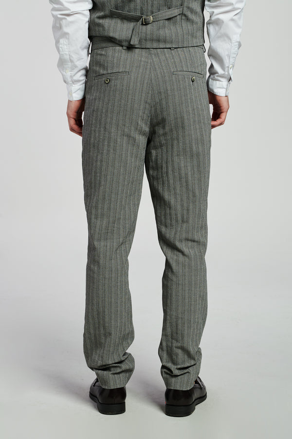 Delikatessen Bohemian Trousers In A Grey Herringbone And Subtle Blue Stripe Fine Italian Cotton Crepe