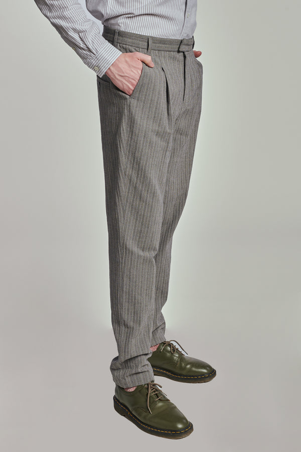 Delikatessen Bohemian Trousers In A Grey Herringbone And Subtle Blue Stripe Fine Italian Cotton Crepe