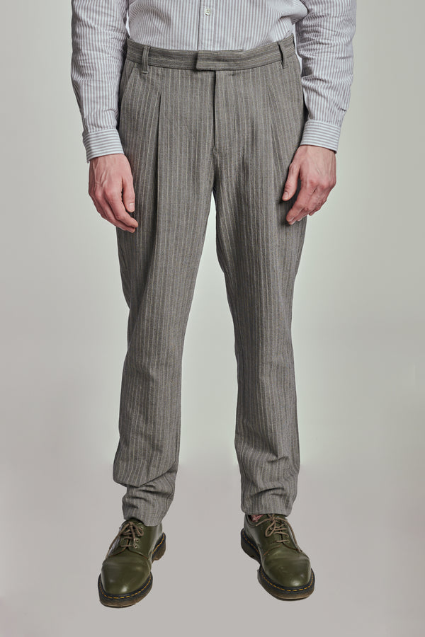 delikatessen Bohemian Trousers in a Grey Herringbone and Subtle Blue Stripe Fine Italian Cotton Crepe delikatessen Bohemian Trousers in a Grey Herringbone and Subtle Blue Stripe Fine Italian Cotton Crepe