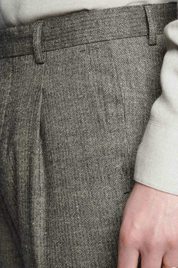 Delikatessen Bohemian Trousers In A Grey Herringbone Italian Wool And Silk