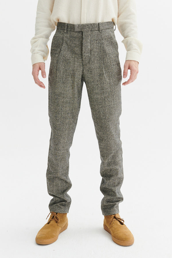 Delikatessen Bohemian Trousers In A Grey Herringbone Italian Wool And Silk