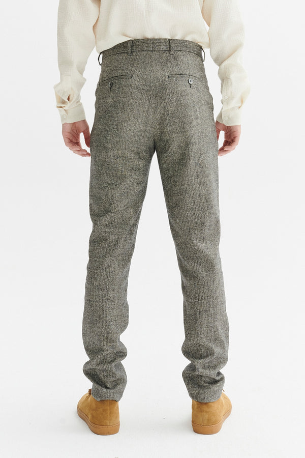 Delikatessen Bohemian Trousers In A Grey Herringbone Italian Wool And Silk