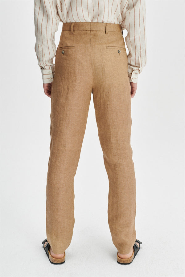Delikatessen Bohemian Trousers In A Light Brown 100% Traceable Italian Linen By Albini