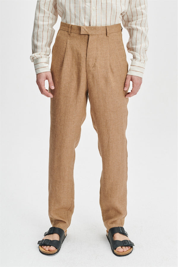Delikatessen Bohemian Trousers In A Light Brown 100% Traceable Italian Linen By Albini