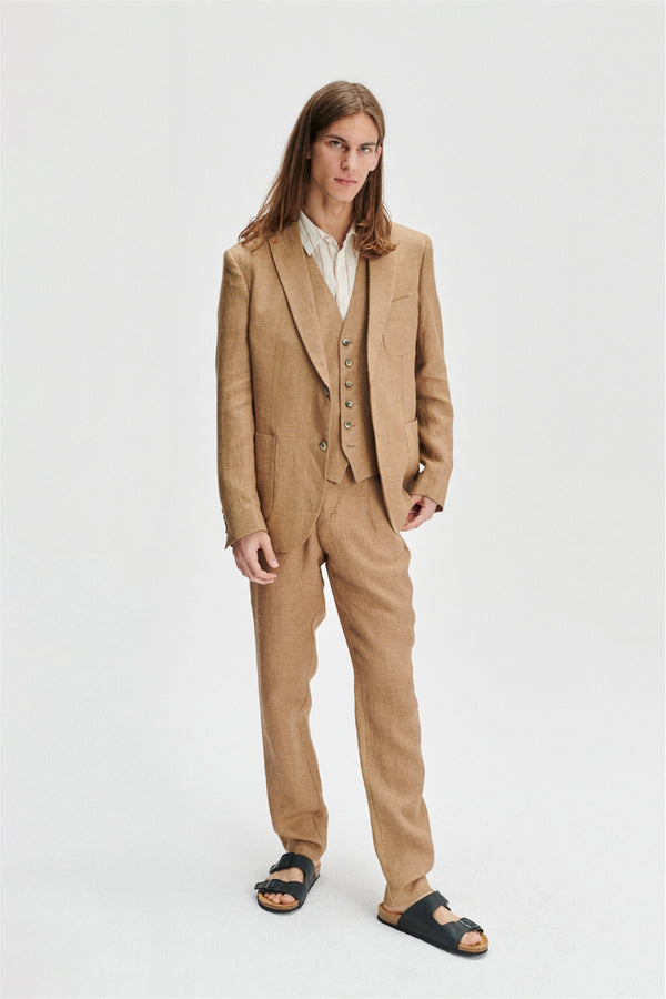 Delikatessen Bohemian Trousers In A Light Brown 100% Traceable Italian Linen By Albini