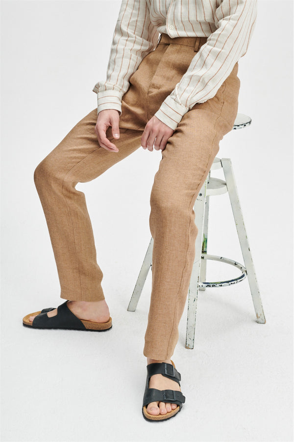 delikatessen Bohemian Trousers in a Light Brown 100% Traceable Italian Linen by Albini