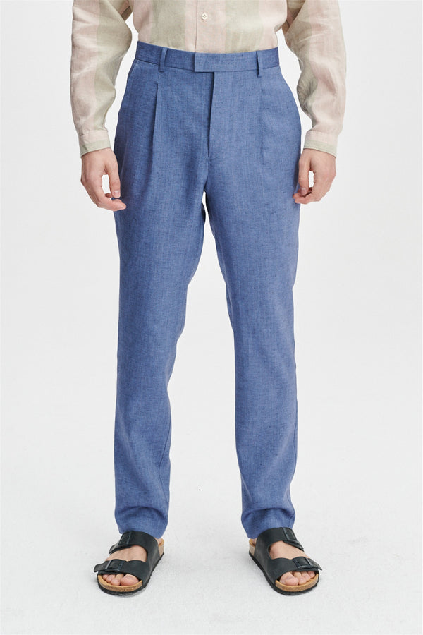 Delikatessen Bohemian Trousers In A Natural Stretch Navy And Pilot Blue Italian Traceable Linen