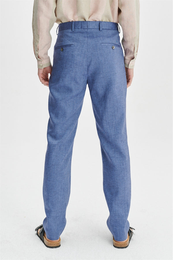 Delikatessen Bohemian Trousers In A Natural Stretch Navy And Pilot Blue Italian Traceable Linen