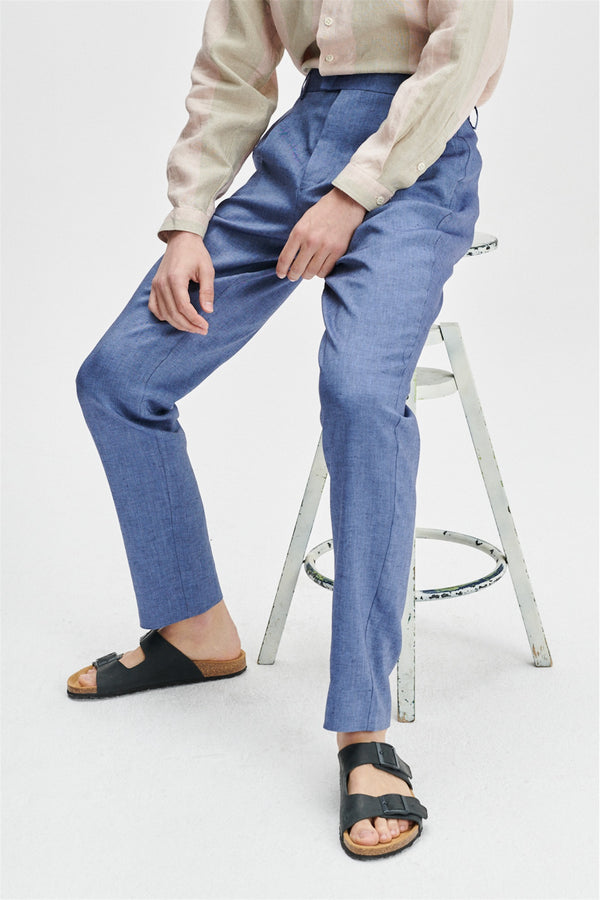 Delikatessen Bohemian Trousers In A Natural Stretch Navy And Pilot Blue Italian Traceable Linen