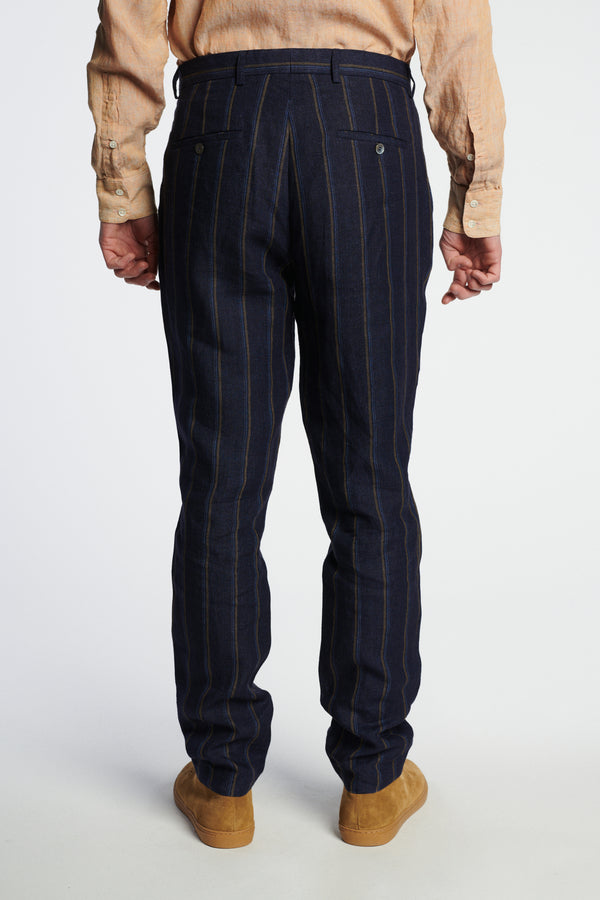 Delikatessen Bohemian Trousers In A Navy And Tonal Brown Blue Stripe Italian Linen