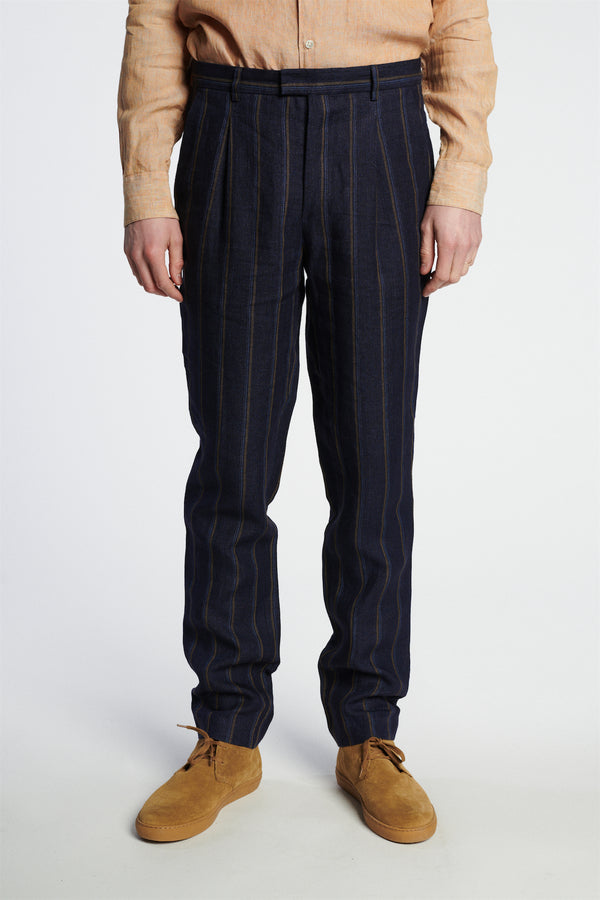 delikatessen Bohemian Trousers in a Navy and Tonal Brown Blue Stripe Italian Linen